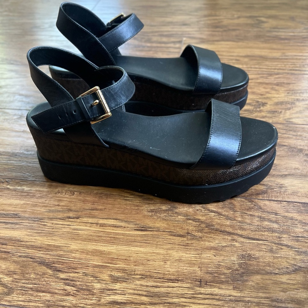 Michael Kors Black Platform Sandals with Gold Buckle